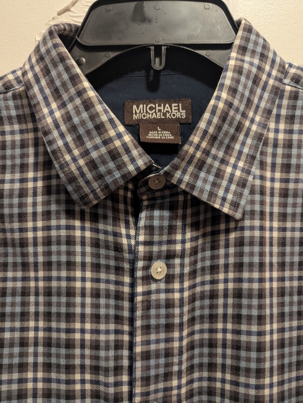Michael Kors Men’s Large Blue and Gray Plaid Long Sleeve Button-Down Shirt